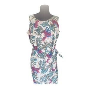 Hilo Hattie Tropical Leaf Tie-Waist Mini Dress in Teal, Pink, Cream